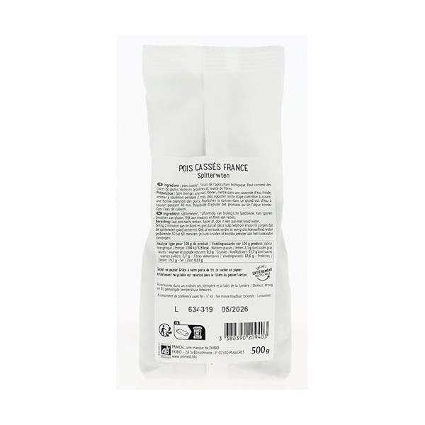 Primeal Pois Casses France 500 g - Bio Protéines de pois