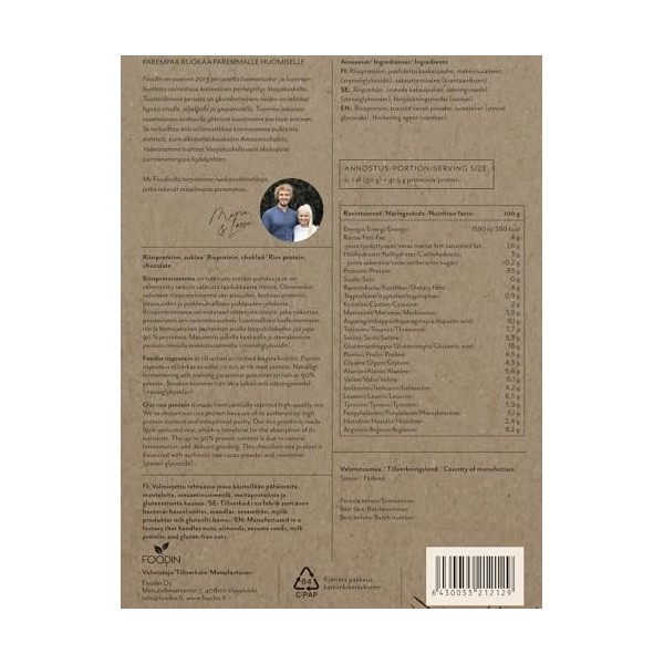 FOODIN Rice Protéines en poudre 650 g, en riz germé, sans gluten et végétalien, sans édulcorant artificiel, chocolat