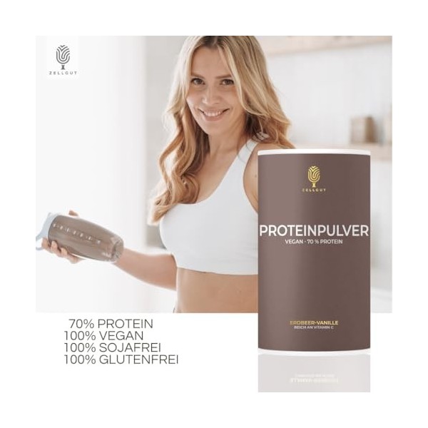 Poudre de protéines - Fraise vanille - 70 % de protéines - 3 sources de protéines végétales - Contient des bactéries intestin