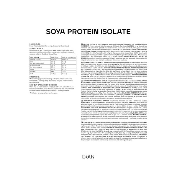 Bulk Isolat De Protéine De Soja, Protéine Vegan en Poudre, Nature, 1 kg Protéines de soja