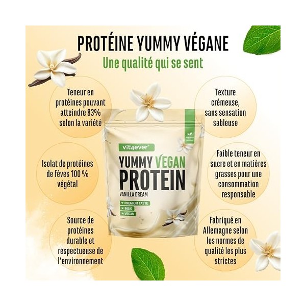 Yummy Vegan Protein Vanilla Dream – Shake protéiné végétal avec 24,9 g de protéines par portion à base d’isolat de fève avec 