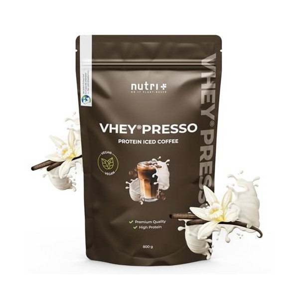 Nutri + Protein Iced Coffee Vanilla - Vheypresso Café protéiné avec Caféine 800 g - Poudre de Vanille sans Lactose + Gluten -