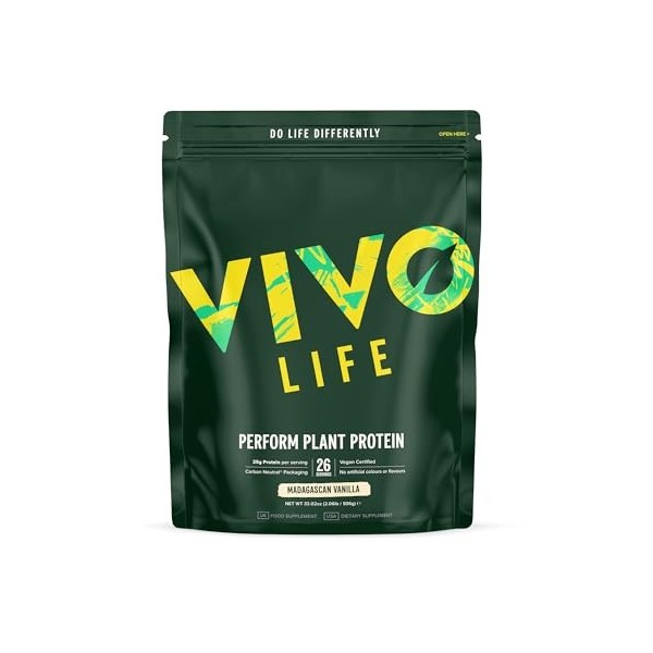 Vivo Life Perform Poudre de protéines brutes végétaliennes. Mélange de Petits Pois et Chanvre avec BCAA 936g Vanille de Madag