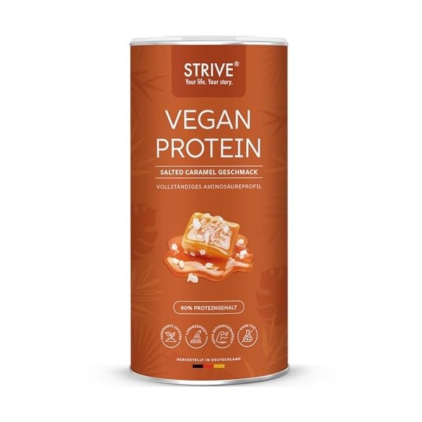 STRIVE Protéines végétaliennes | Caramel salé | 24 g de protéines par portion, qualité testée en laboratoire, profil complet 