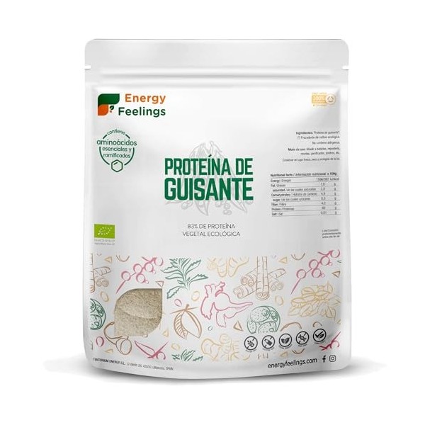 Energy Feelings Protéine de Pois Bio 82% 1 kg, Poudre Protéinée Végétale, Vegan, Sans Gluten, Idéal pour Préparer des Protein