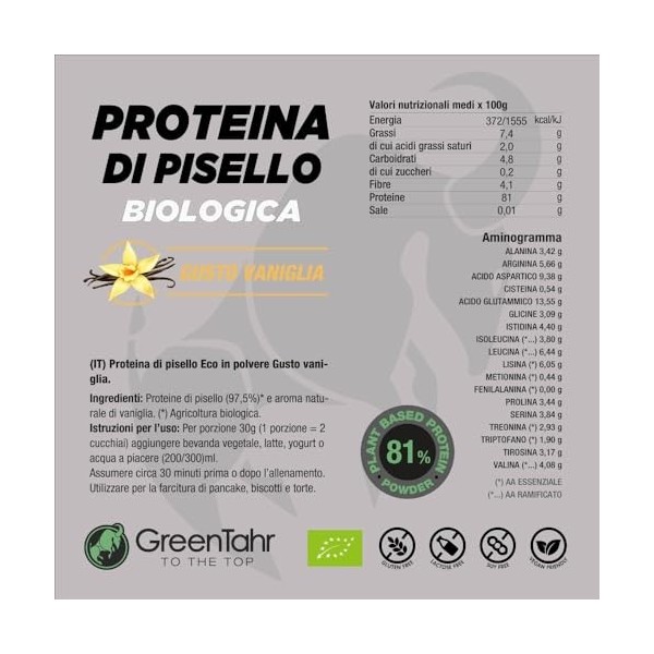 Green Tahr Protéine de pois saveur vanille 81 % 750 g, poudre de protéines végétaliennes sans lactose, sans sucre et sans glu