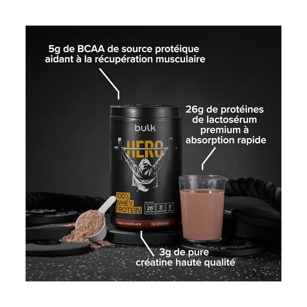 Bulk Hero 100% Whey Protéine en Poudre | Double Chocolat | 910g | 26g Protéine + 3g Créatine | 5g BCAA | Faible en Sucre | Ab...