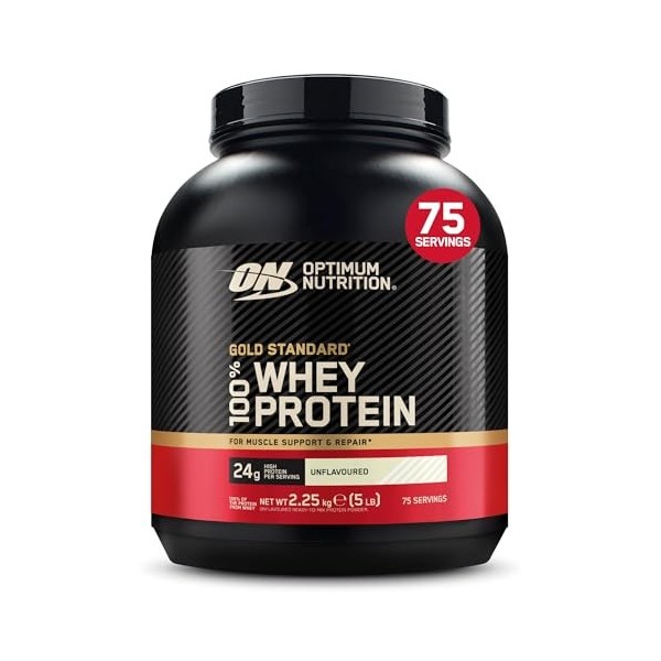 Optimum Nutrition Gold Standard 100% Whey, Protéine en Poudre, Goût Neutre, 2.25kg, 75 Doses, Emballage Peut Varier Protéines...