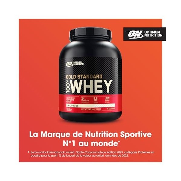 Optimum Nutrition Gold Standard 100% Whey, Protéine en Poudre, Goût Neutre, 2.25kg, 75 Doses, Emballage Peut Varier Protéines...