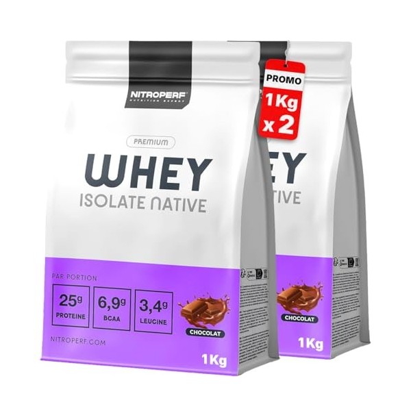 NITROPERF Whey Isolate Native 2 x 1kg,1 Acheté - 1 Gratuit Stock Limité goût Chocolat - 25g de Protéines par Portion, Riche e