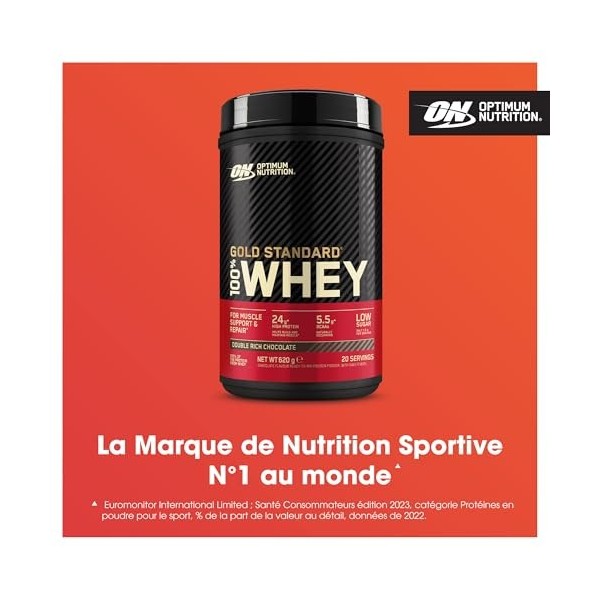 Optimum Nutrition Gold Standard 100% Whey, Protéine en Poudre, Goût Double Chocolat Riche, 620g, 20 Doses