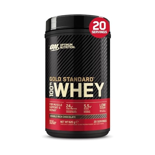 Optimum Nutrition Gold Standard 100% Whey, Protéine en Poudre, Goût Double Chocolat Riche, 620g, 20 Doses