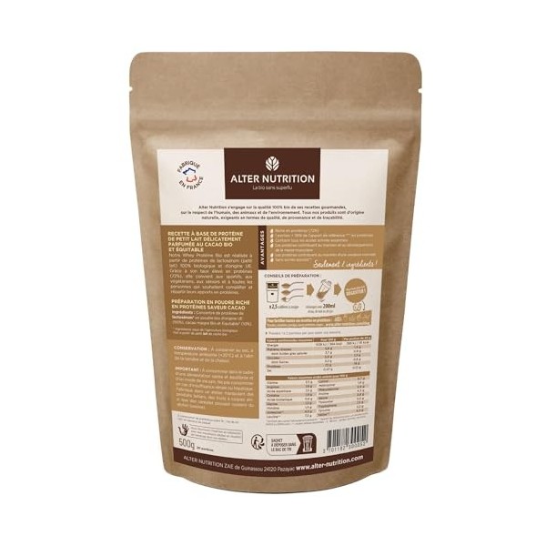 ALTER NUTRITION - Whey Protéine Bio - Cacao - Prise De Masse - Récupération - BCAA - Lait De Vache Bio - Sans Sucres Ajoutés ...