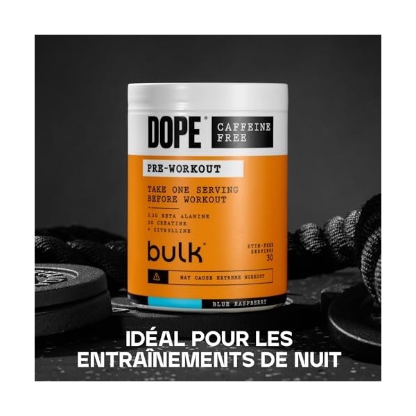 Dope Poudre Pré-Entraînement Sans Caféine | Blue Raspberry | 510g | 30 Portions | Sans Stimulants | 3,2g Beta Alanine | 3g Cr...