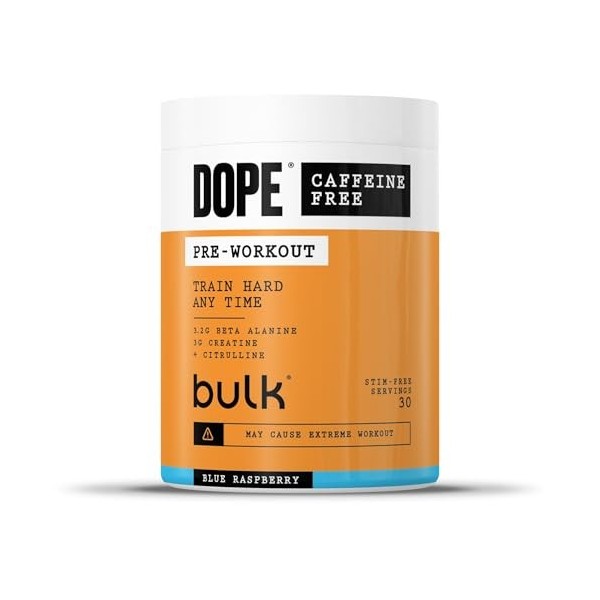 Dope Poudre Pré-Entraînement Sans Caféine | Blue Raspberry | 510g | 30 Portions | Sans Stimulants | 3,2g Beta Alanine | 3g Cr...