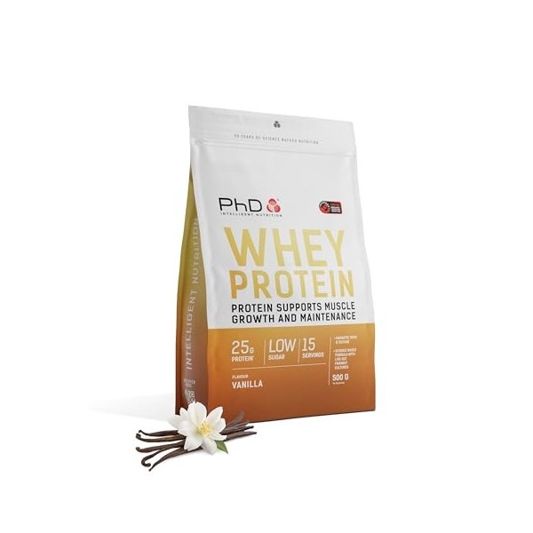 PhD Nutrition Whey Protein en poudre 500g Fraise – Poudre de protéines riche en protéines avec 25g de protéines par portion, ...