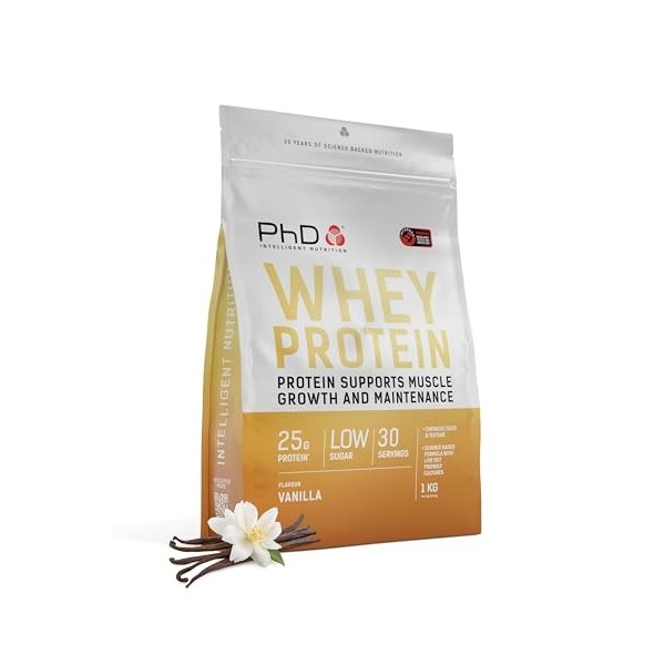 PhD Nutrition Whey Protein en poudre 500g Fraise – Poudre de protéines riche en protéines avec 25g de protéines par portion, ...