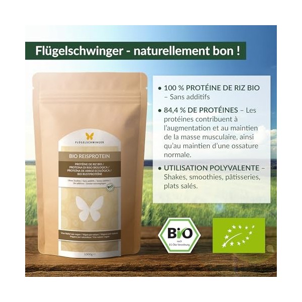 1 kg de protéine de riz BIO avec 84,4% de protéines, sans additifs, naturellement végan, sans soja 1000g 