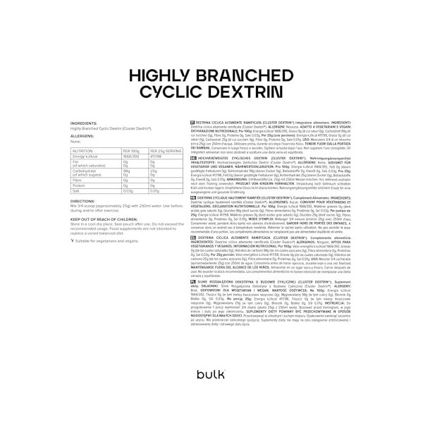 Bulk Dextrine cyclique hautement ramifiée Cluster Dextrin , 500 g, 20 Portions