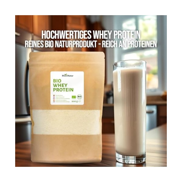 RheinNatur BIO Whey Protein Powder 900g - Poudre de protéine naturelle et sans goût pour le renforcement musculaire ...
