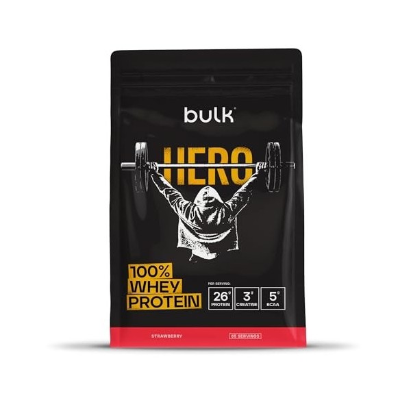 Bulk Hero 100% Whey Protéine en Poudre | Fraise | 65 Portions | 26g Protéine + 3g Créatine | 5g BCAA | Faible en Sucre | Abso