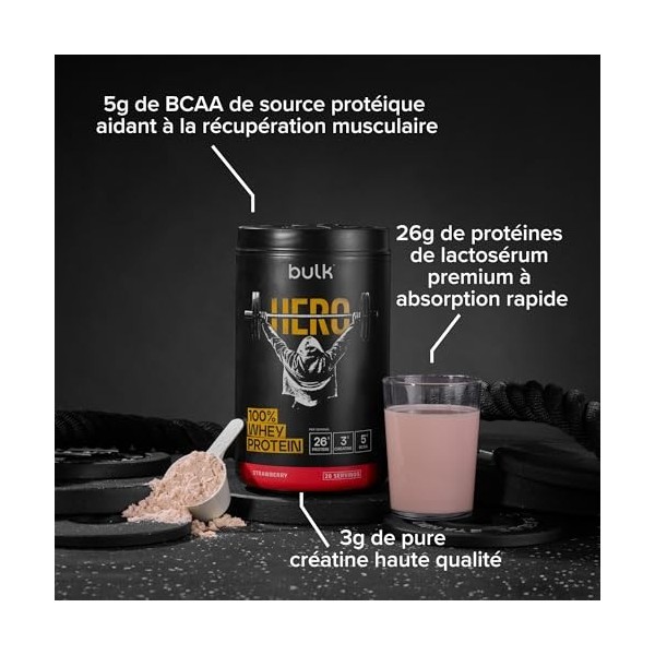 Bulk Hero 100% Whey Protéine en Poudre | Fraise | 65 Portions | 26g Protéine + 3g Créatine | 5g BCAA | Faible en Sucre | Abso