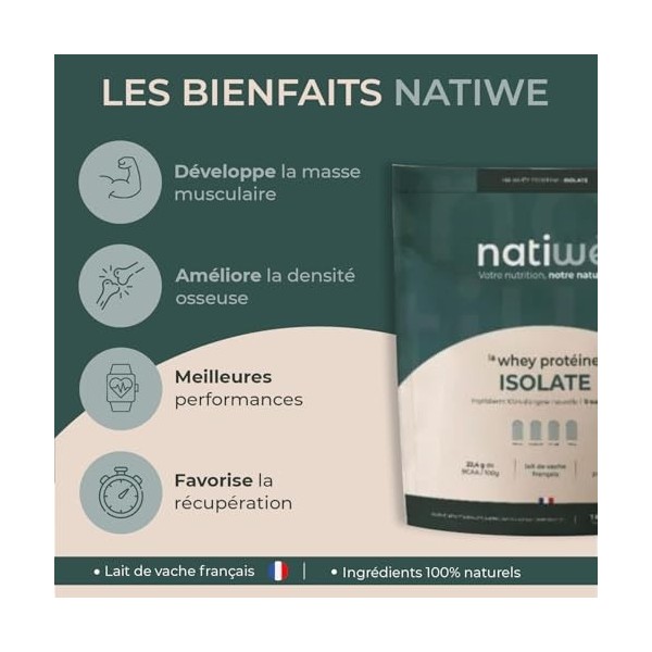 NATIWÉ - Whey Protéine Isolate - Goût Vanille - Prise De Masse - Meilleure Densité Osseuse, Récupération & Performance - BCAA...