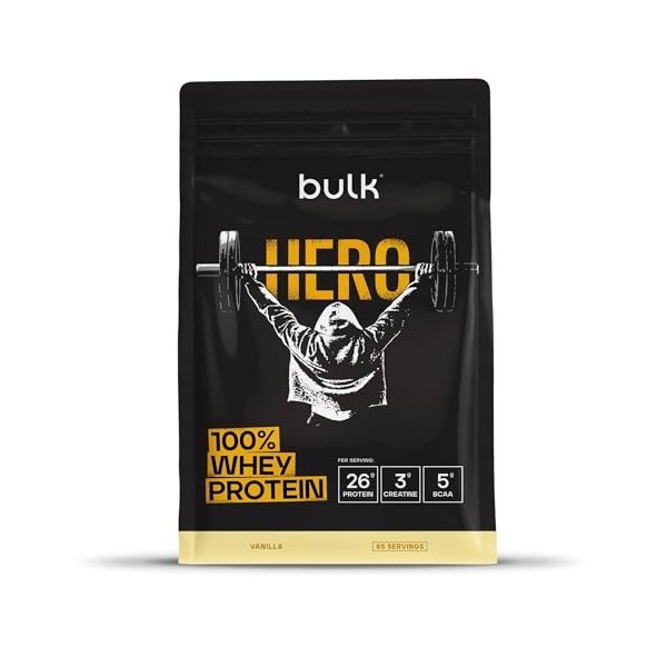 Bulk Hero 100% Whey Protéine en Poudre | Vanille | 65 Portions | 26g Protéine + 3g Créatine | 5g BCAA | Faible en Sucre | Abs