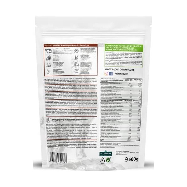 AlpenPower Whey Isolat Poudre de protéines au chocolat 500 g – Ingrédients 100 % naturels, sans édulcorants – Nourriture à l ...