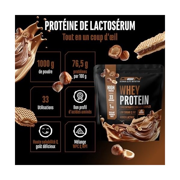 Elite Whey Protein en poudre - 1000 g Sandwich aux noisettes. - avec whey isolat - jusquà 23 g de protéines par portion - in