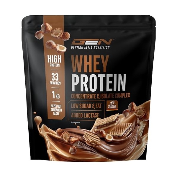 Elite Whey Protein en poudre - 1000 g Sandwich aux noisettes. - avec whey isolat - jusquà 23 g de protéines par portion - in