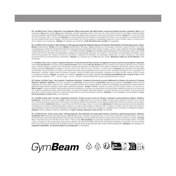 GymBeam Just Whey Protein – Poudre multi-protéines de lactosérum de lait de vaches pâturées, tous acides aminés essentiels, f