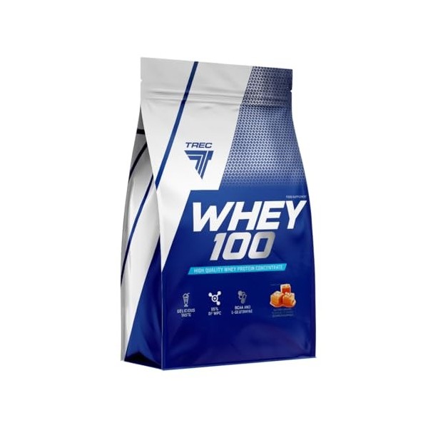Trec Nutrition WHEY 100 900 g de caramel salé – Excellente solubilité, croissance musculaire, profil complet en acides aminés...