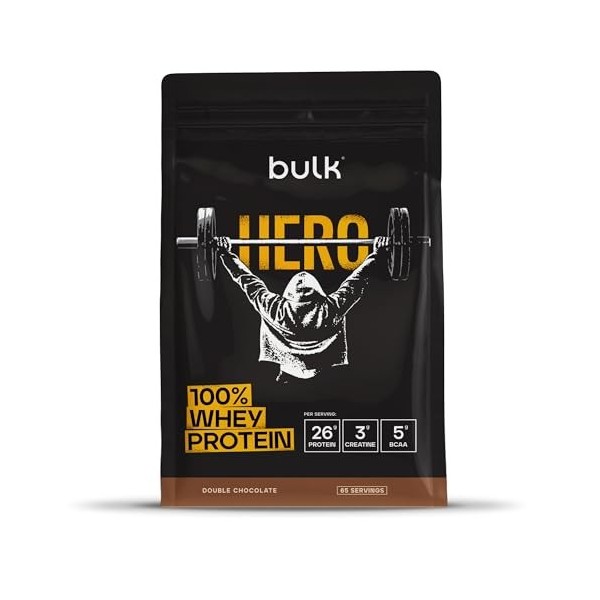 Bulk Hero 100% Whey Protéine en Poudre | Double Chocolat | 13 Portions | 26g Protéine + 3g Créatine | 5g BCAA | Faible en Suc