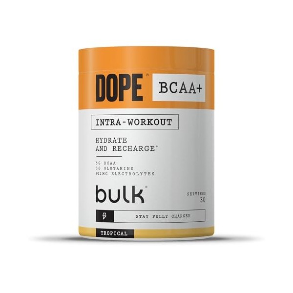 Dope BCAA+ | Poudre Intra-Entraînement | Tropical | 360 g | 30 Portions | 5g BCAAs | Mélange dÉlectrolytes | Glutamine | Vit