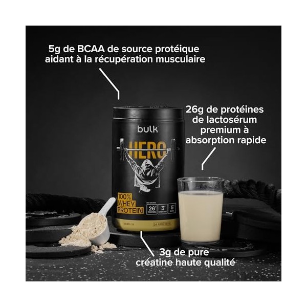 Bulk Hero 100% Whey Protéine en Poudre | Vanille | 13 Portions | 26g Protéine + 3g Créatine | 5g BCAA | Faible en Sucre | Abs
