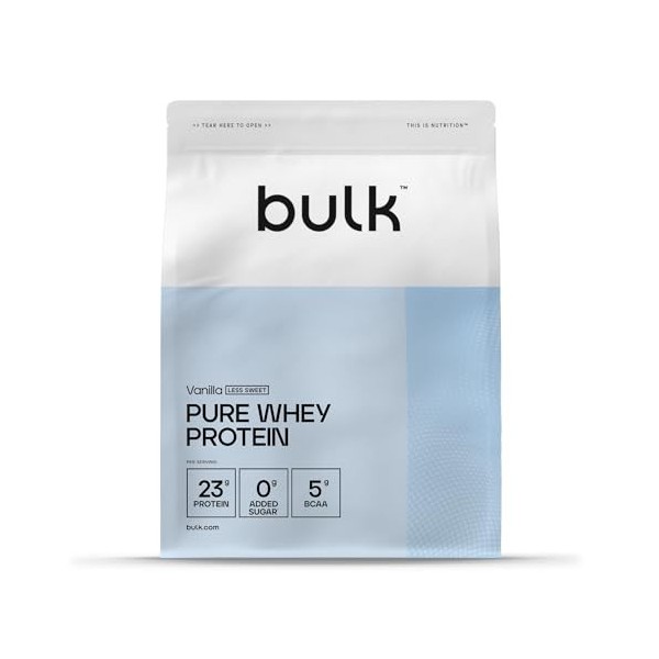Bulk Pure Whey Protéine en Poudre Moins Sucré, Vanille, 23g de Protéines et 5g de BCAA par Dose, Shake de Whey Concentrée, Fa