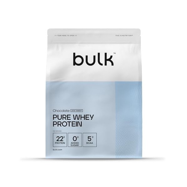 Bulk Pure Whey Protéine en Poudre Moins Sucré, Chocolat, 22g de Protéines et 5g de BCAA par Dose, Shake de Whey Concentrée, F