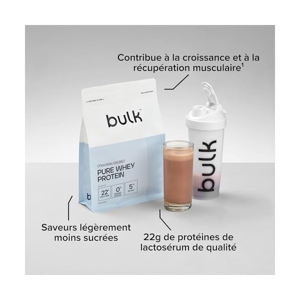 Bulk Pure Whey Protéine en Poudre Moins Sucré, Chocolat, 22g de Protéines et 5g de BCAA par Dose, Shake de Whey Concentrée, F