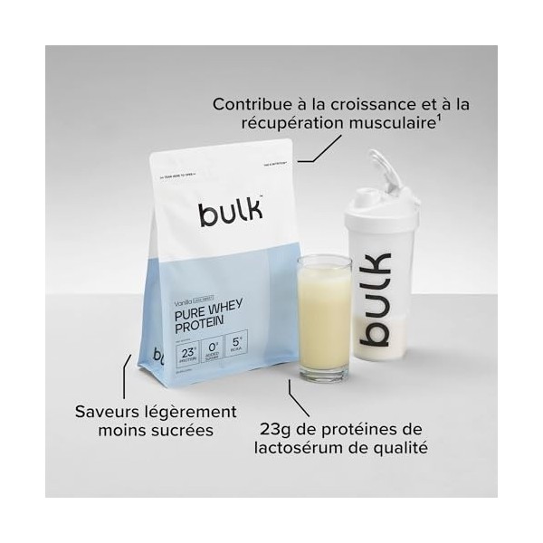 Bulk Pure Whey Protéine en Poudre Moins Sucré, Vanille, 23g de Protéines et 5g de BCAA par Dose, Shake de Whey Concentrée, Fa