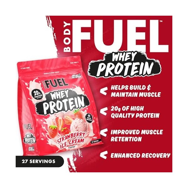 Bodyfuel Whey Protein Powder, Strawberry Ice Cream, 900g, 20g Protein, 27 Servings, Halal Certified, Muscle Recovery