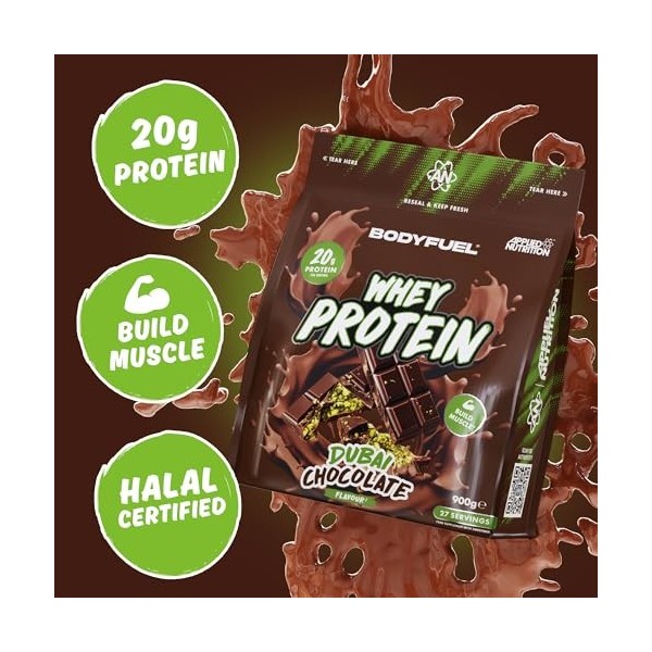 Bodyfuel Whey Protein Powder, 900g, Poudre, Saveur Dubai Chocolate, 27 Portions, Halal, 20g Protéines par Portion