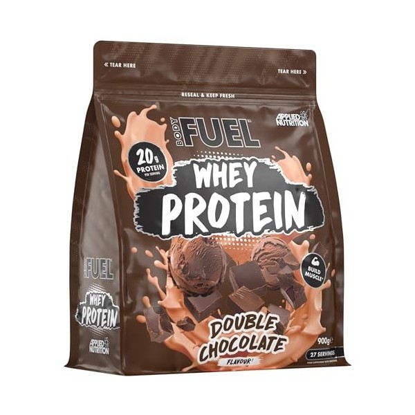 Bodyfuel Whey Protein Powder, Double Chocolate, 900g, 20g Protéines, 27 Portions, Halal, Récupération Musculaire