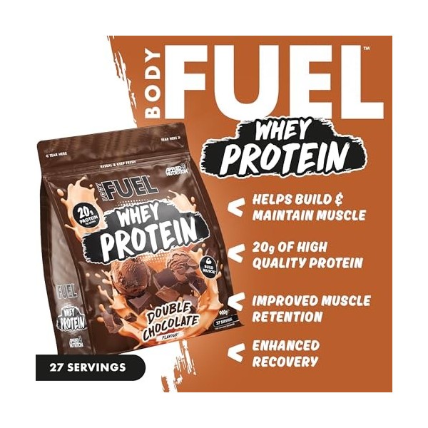 Bodyfuel Whey Protein Powder, Double Chocolate, 900g, 20g Protéines, 27 Portions, Halal, Récupération Musculaire