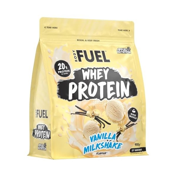 BodyFuel Whey Protein Powder, Vanilla Milkshake, 900g, 20g Protéines, 27 Portions, Halal, Récupération Musculaire