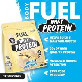 BodyFuel Whey Protein Powder, Vanilla Milkshake, 900g, 20g Protéines, 27 Portions, Halal, Récupération Musculaire