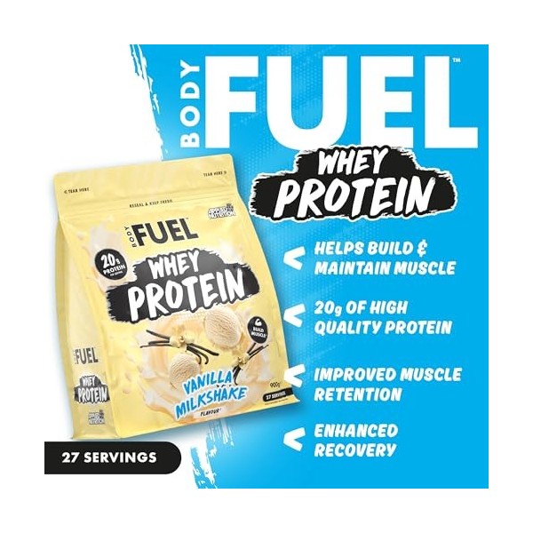 BodyFuel Whey Protein Powder, Vanilla Milkshake, 900g, 20g Protéines, 27 Portions, Halal, Récupération Musculaire