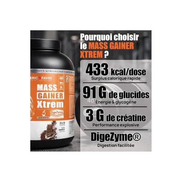 MASS GAINER XTREM avec CREATINE - Gainer Prise de Masse - 433 kcal, 94g Glucides, 3g Créatine, Whey + Digezyme - 3kg - Saveur...
