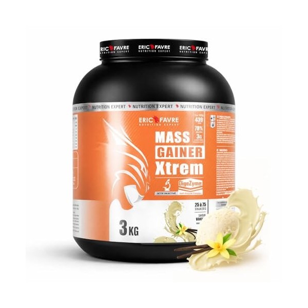 MASS GAINER XTREM avec CREATINE - Gainer Prise de Masse - 433 kcal, 94g Glucides, 3g Créatine, Whey + Digezyme - 3kg - Saveur...