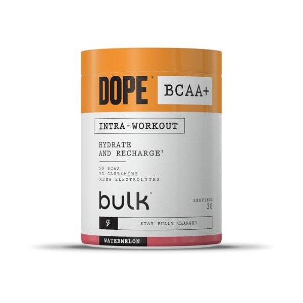Dope BCAA+ | Poudre Intra-Entraînement | Pastèque | 360 g | 30 Portions | 5g BCAAs | Mélange dÉlectrolytes | Glutamine | Vit